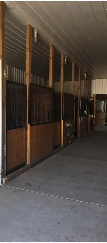 The barn aisle lined with wooden horse stalls